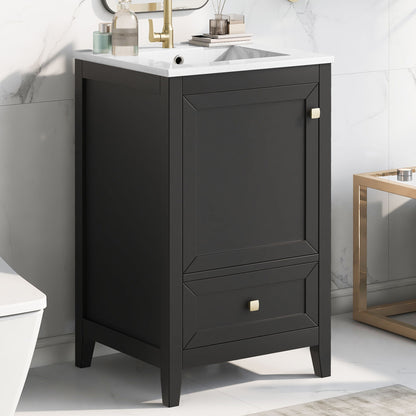 20" Bathroom Vanity With Sink Cabinet With Soft Closing Door, Drawer & Storage Rack - Black