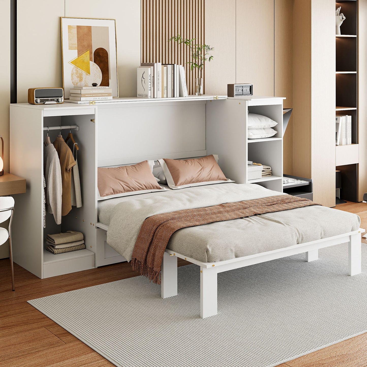 Twin Size Murphy Bed With Bedside Shelves And Wardrobe - White