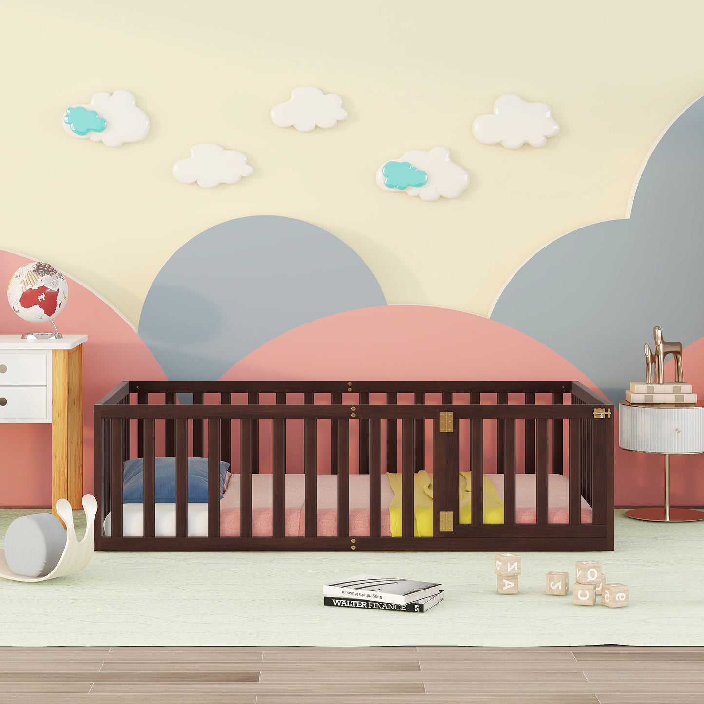 Twin Size Floor Bed Frame With Fence And Door - Walnut