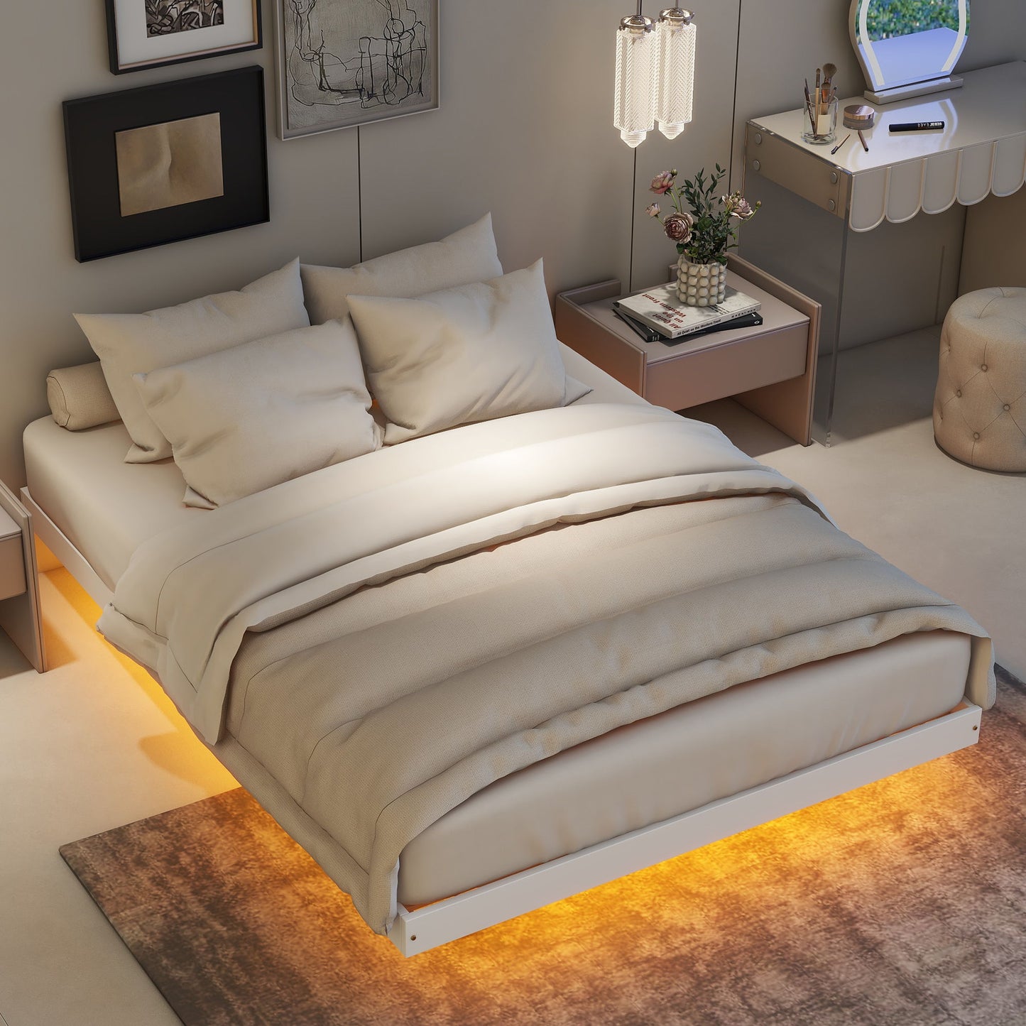 Floating Bed With LED Lights Underneath, Modern Low Profile Platform Bed With LED Lights