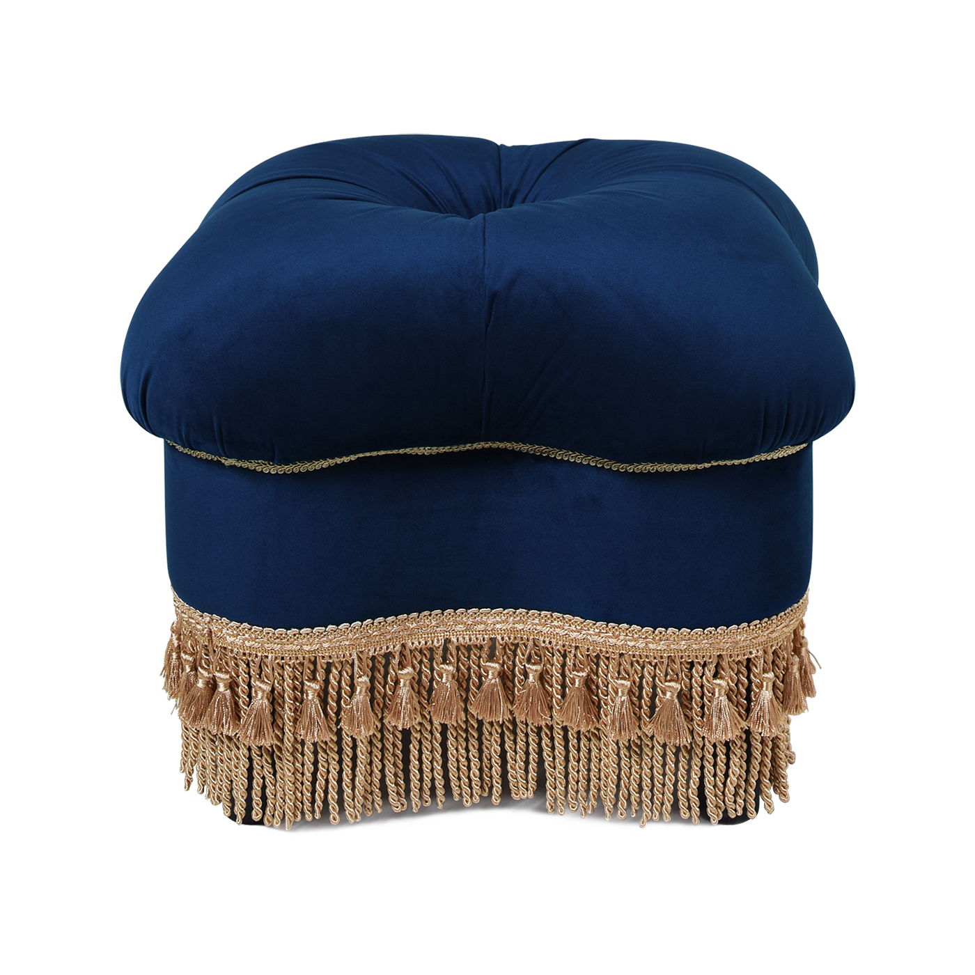 Ellen - Upholstered Clover Ottoman With Gold Bullion Fringe - Navy Blue