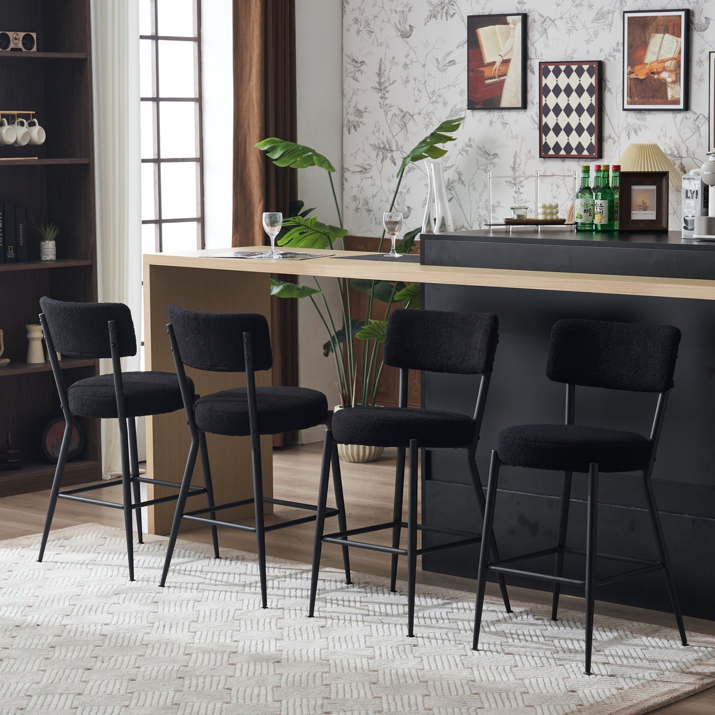 Modern Teddy Fabric Upholstered Bar Stools - Black Legs