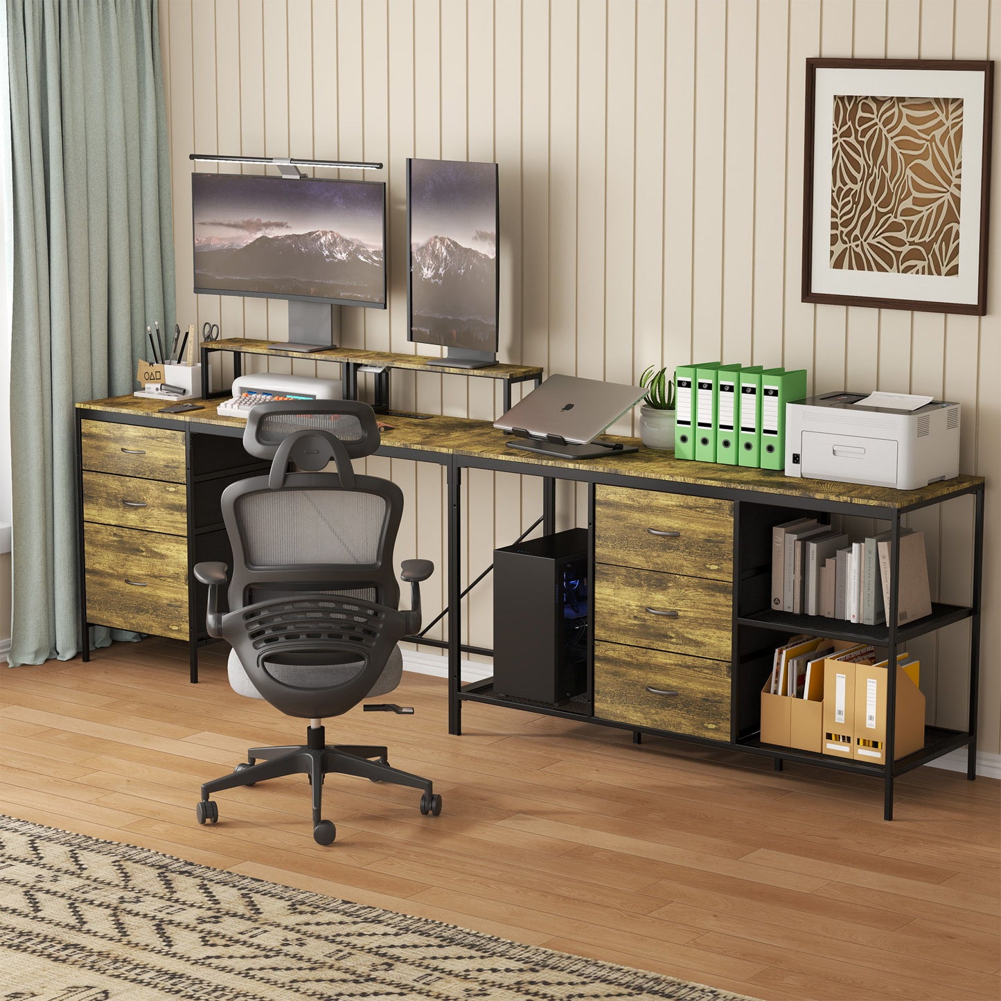 Industrial L Shaped Desk With Power Hub With 6 Drawers And Adjustable Monitor Stands - Brown
