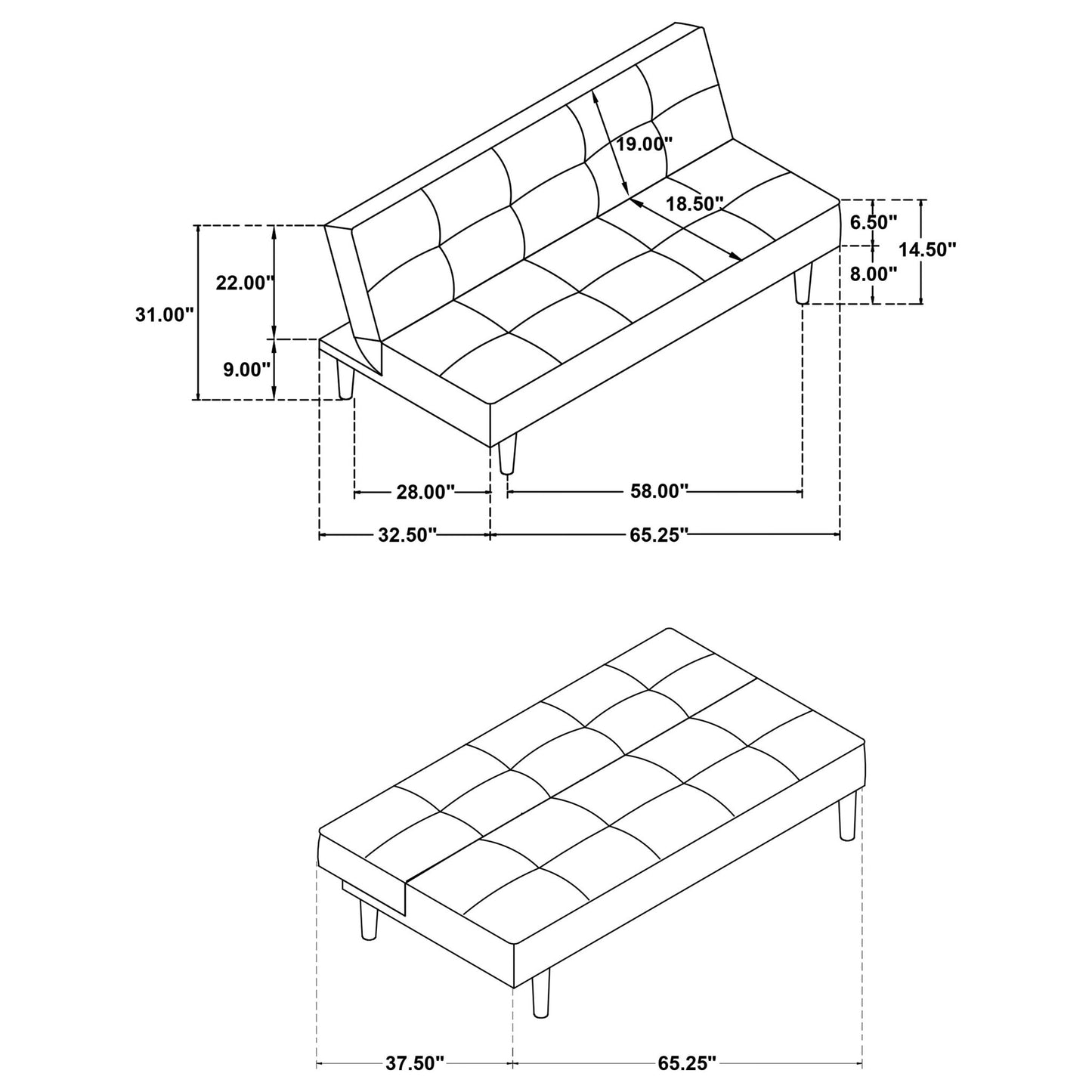Boston - Tufted Convertible Sofa Bed Armless Design - Black