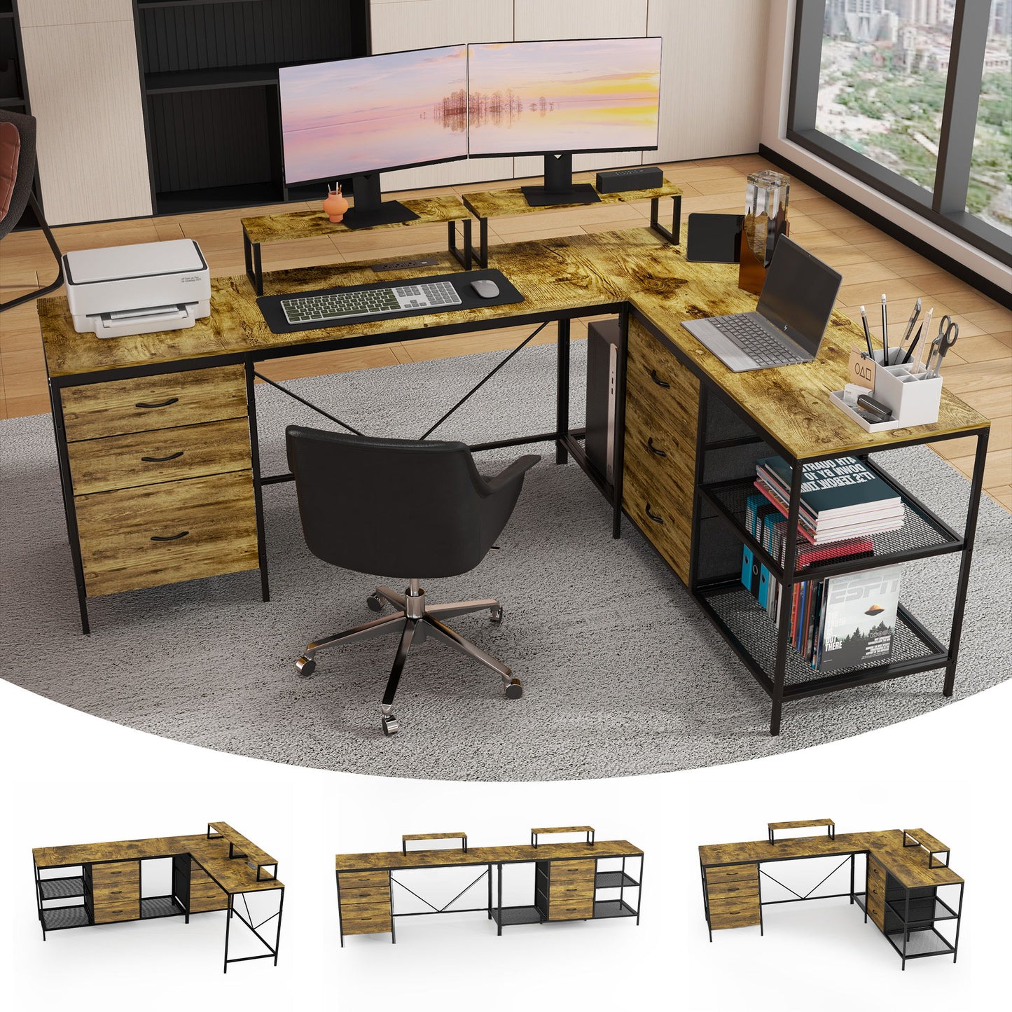 Industrial L Shaped Computer Desk With Power Outlets & USB-C, 6 Fabric Drawers, 3 Open Shelves, Movable Monitor Stands - Brown