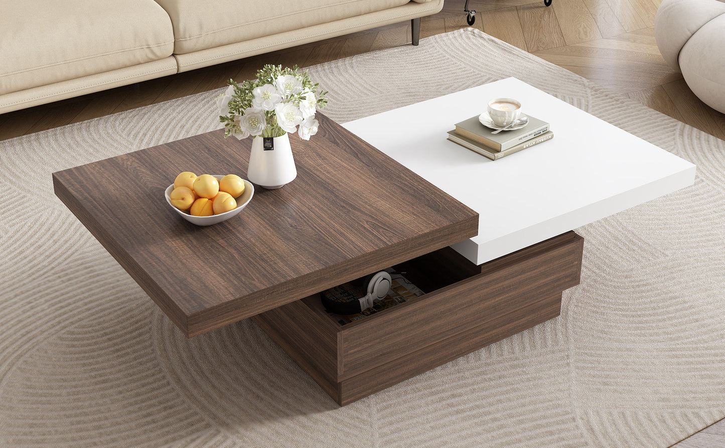 Rotatable Top Coffee Table, Modern Square Coffee Table With Wood Grain Design, 1 Hidden Storage Space For Living Room