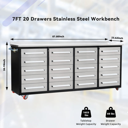 Garage Storage Cabinets With Workbench (20 Drawers) - Silver