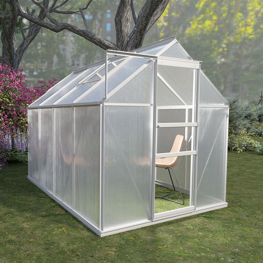 Walk-In Polycarbonate Greenhouse With Roof Vent, Sliding Doors, Hobby Hot House For Outdoor Garden Backyard - Silver