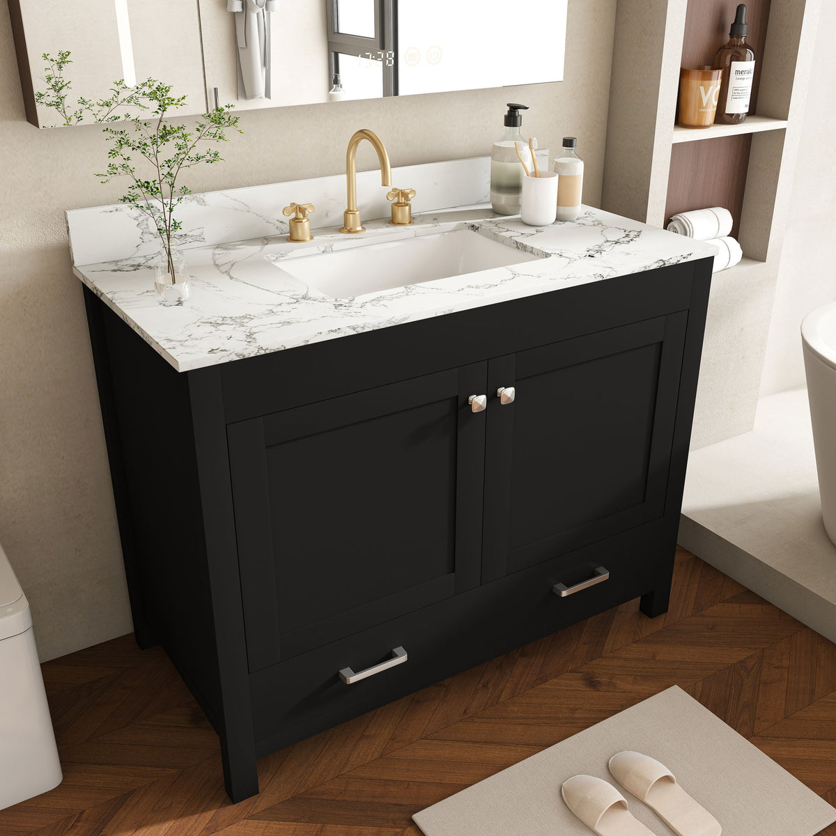 Bathroom Vanity Set, Soft Close Doors, 3 Faucet Holes, Sink Included - Black