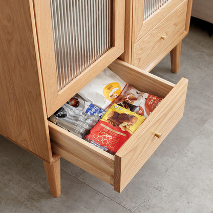 Free-Standing Corner Storage Cabinet With Vintage Glass Door, 2 Shelves, 1 Drawers & Brass Handle For Living Room - Natural