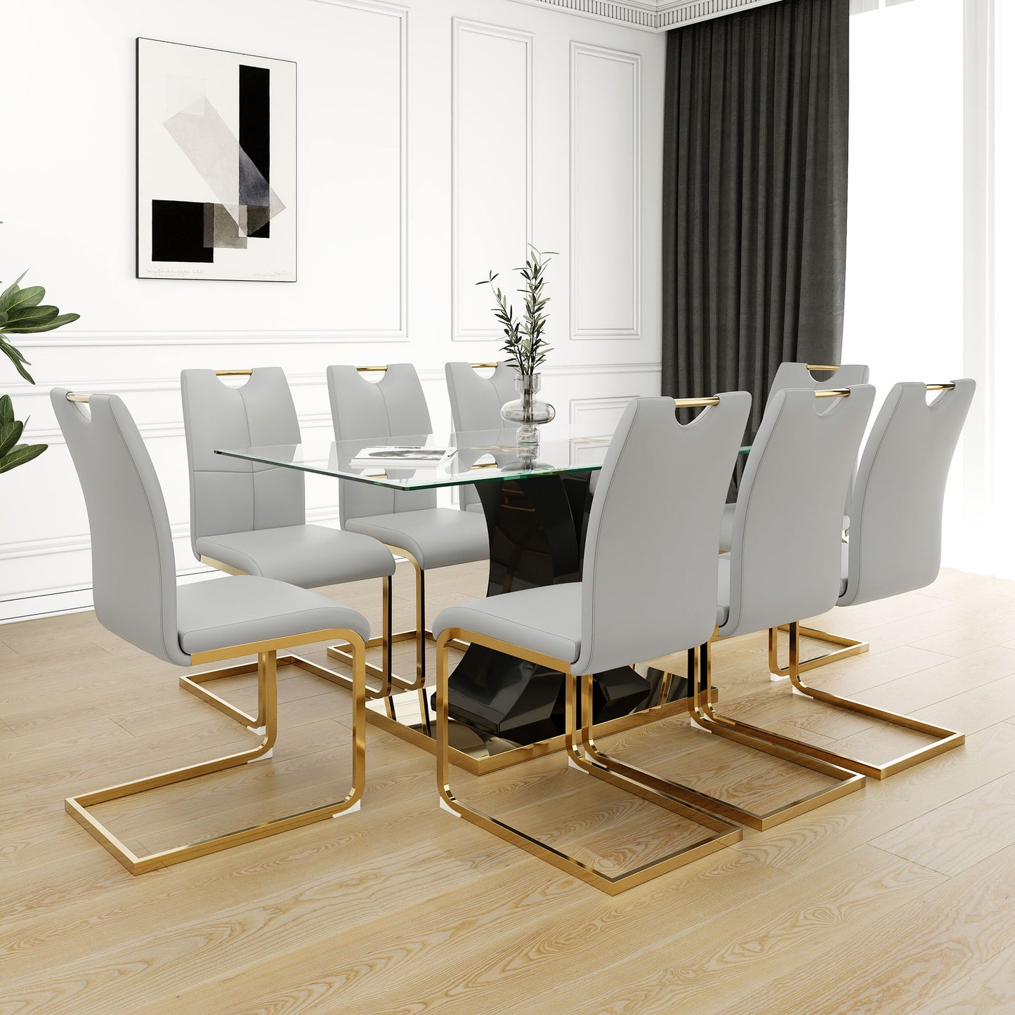 Modern Style Glass Dining Table With Elegant Transparent Design, Solid Support Base, Pale Yellow Dining Chair Set With Gold-Plated Legs, Suitable For Restaurant Kitchens