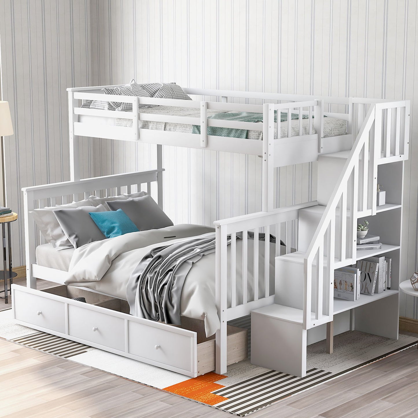 Twin Over Full Stairway Bunk Bed With Drawer, Storage And Guard Rail For Bedroom, Dorm, For Adults