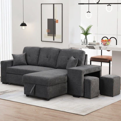 Reversible Sleeper Sectional Sofa Bed With Side Shelf And 2 Stools, Pull-Out L-Shaped Sofa Bed, Corner Sofa-Bed With Storage Chaise Left / Right Hande For Living Room