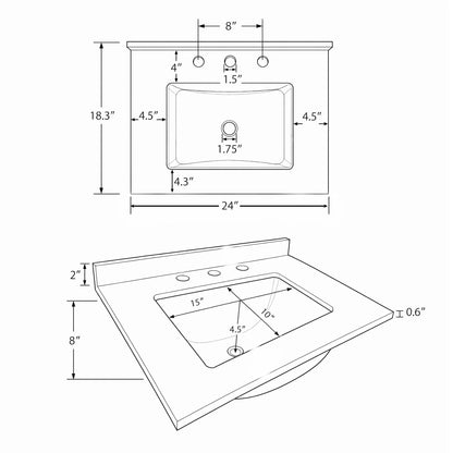 Basin Sink, 0.6" Ultra Thin Profile, Triple Faucet Holes