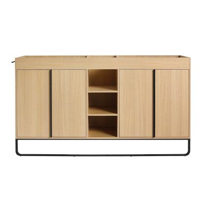 58" Freestanding Bathroom Cabinet With 4 Soft Close Doors & 3 Open Racks (Vanity Only, No Sink) - Oak