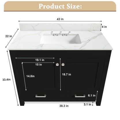 Bathroom Vanity Set, Fluted Cabinet, Soft Close Doors & Drawers, 3 Faucet Holes, Sink Included - Black