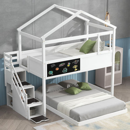 House Style Bunk Bed With Storage Staircase And Blackboard