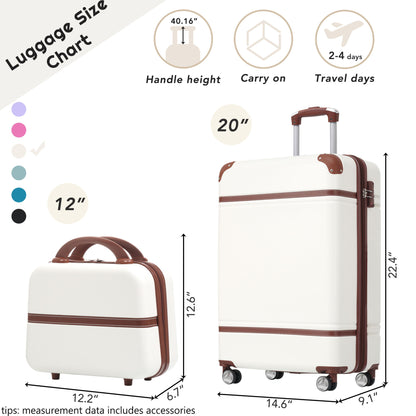 20" Hardside Luggage With Cosmetic Case, 2 Piece Lightweight Suitcase Set With Spinner Wheels, Carry On Vintage Luggage