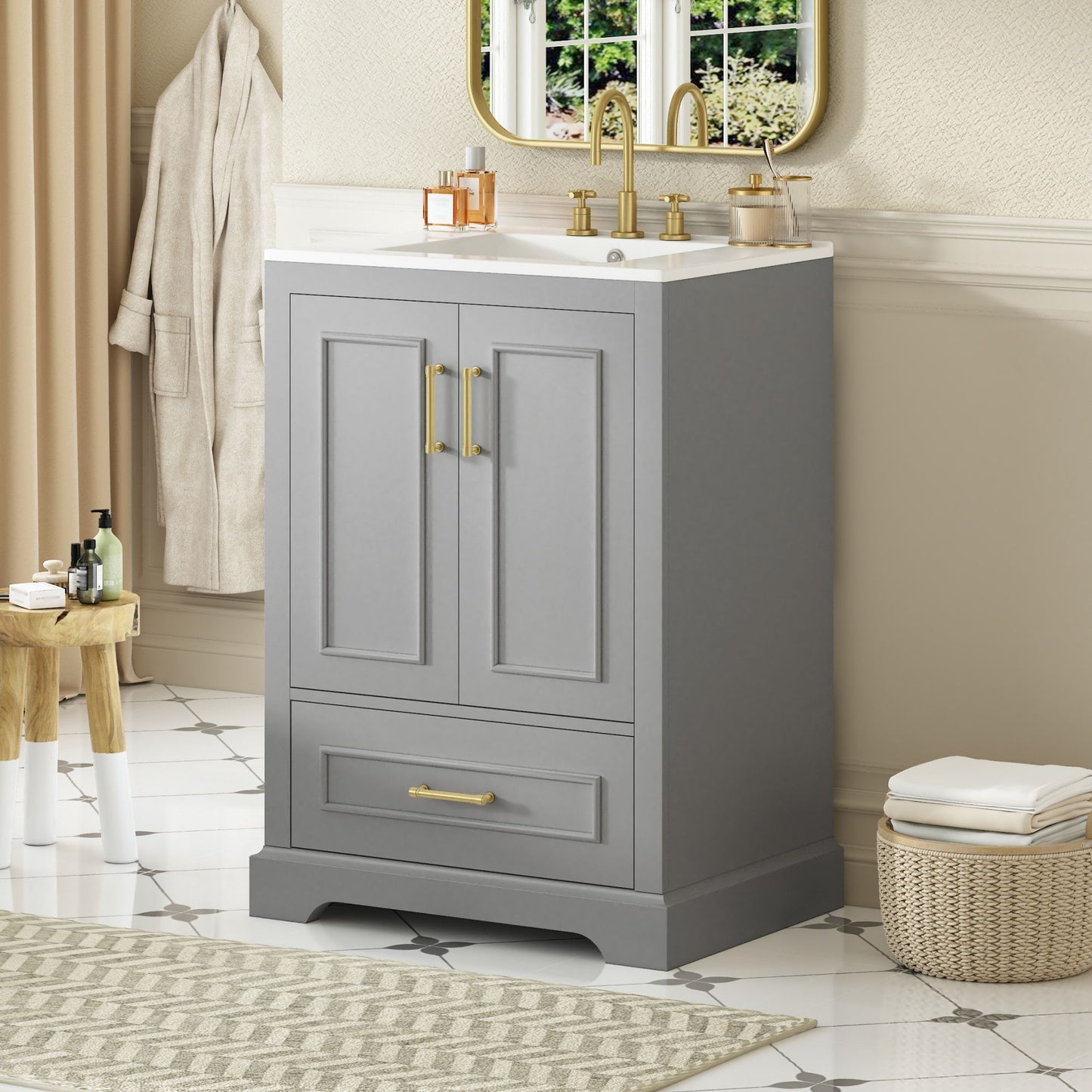 Bathroom Vanity With Sink, 1 Divided Drawer And 2 Soft Close Doors With Double Shelf