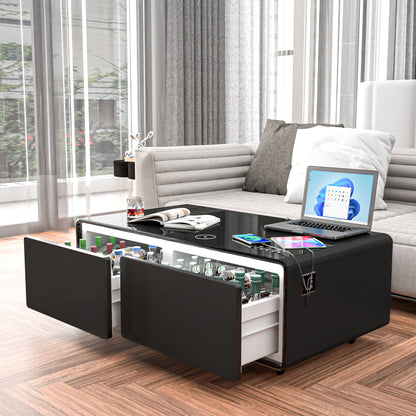 Modern Smart Coffee Table With Built-In Fridge, Bluetooth Speaker, Wireless Charging Module, Touch Control Panel, Power Socket, USB Interface, Outlet Protection, Atmosphere Light