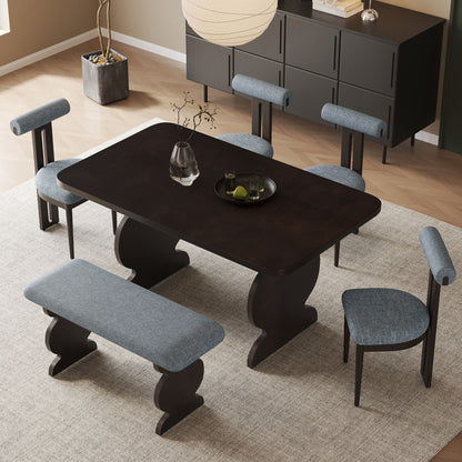 Mid-Century Modern Table Set For 6 Persons With 4 Chairs And Bench, Padded Seats And Backrest