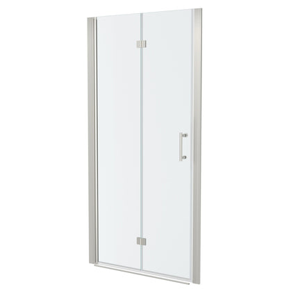 Bi Fold Frameless Shower Door With Tempered Glass - Brushed Silver