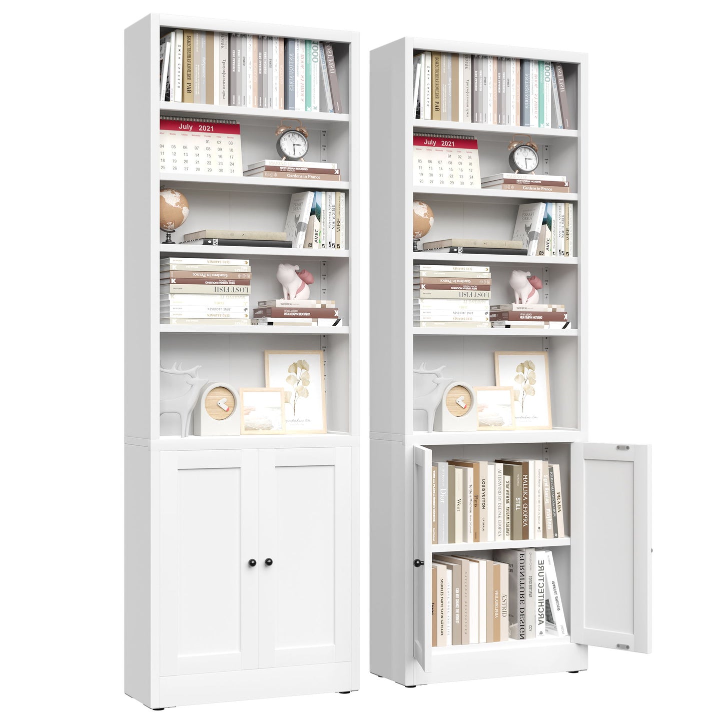 Bookcase Tall 5-Tier Adjustable Storage Shelf With Door Deep - White