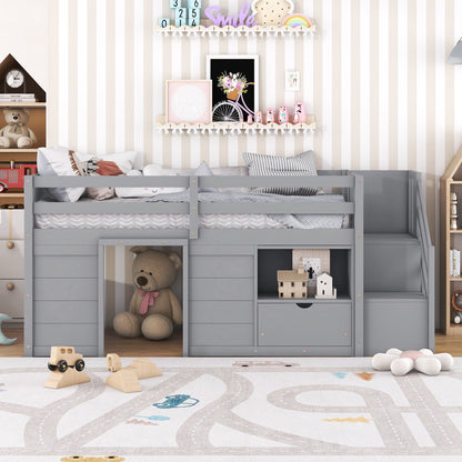 Low Loft Bed With Stair, Drawer, And Shelf