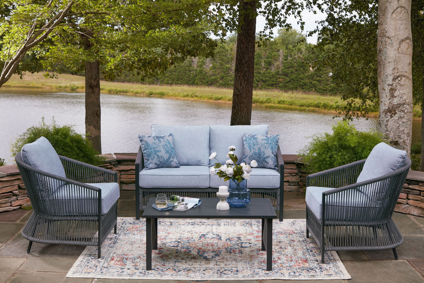 Bodega Island - Loveseat, Lounge Chairs, Table Set (Set of 4) - Gray
