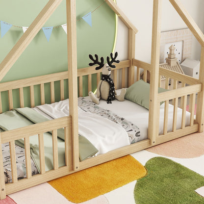 Wood House-Shaped Floor Bed With Fence, Guardrails