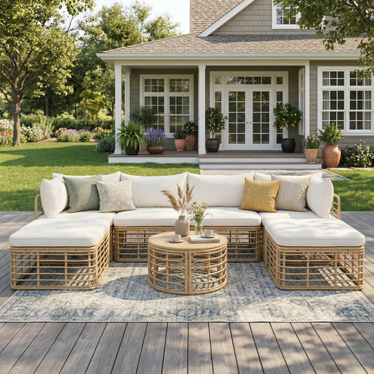 Outdoor Patio Furniture, All-Weather Rattan Sectional Sofa Set With Thick Cushions And Pillows, Freely Combined Conversation Sets For Garden, Backyard, Balcony