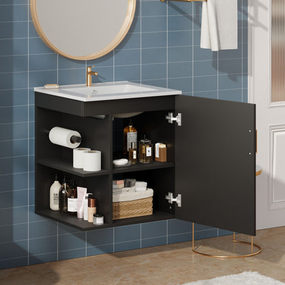 Modern Wall Mounted Bathroom Cabinet With Side Shelf And Ceramic Sink