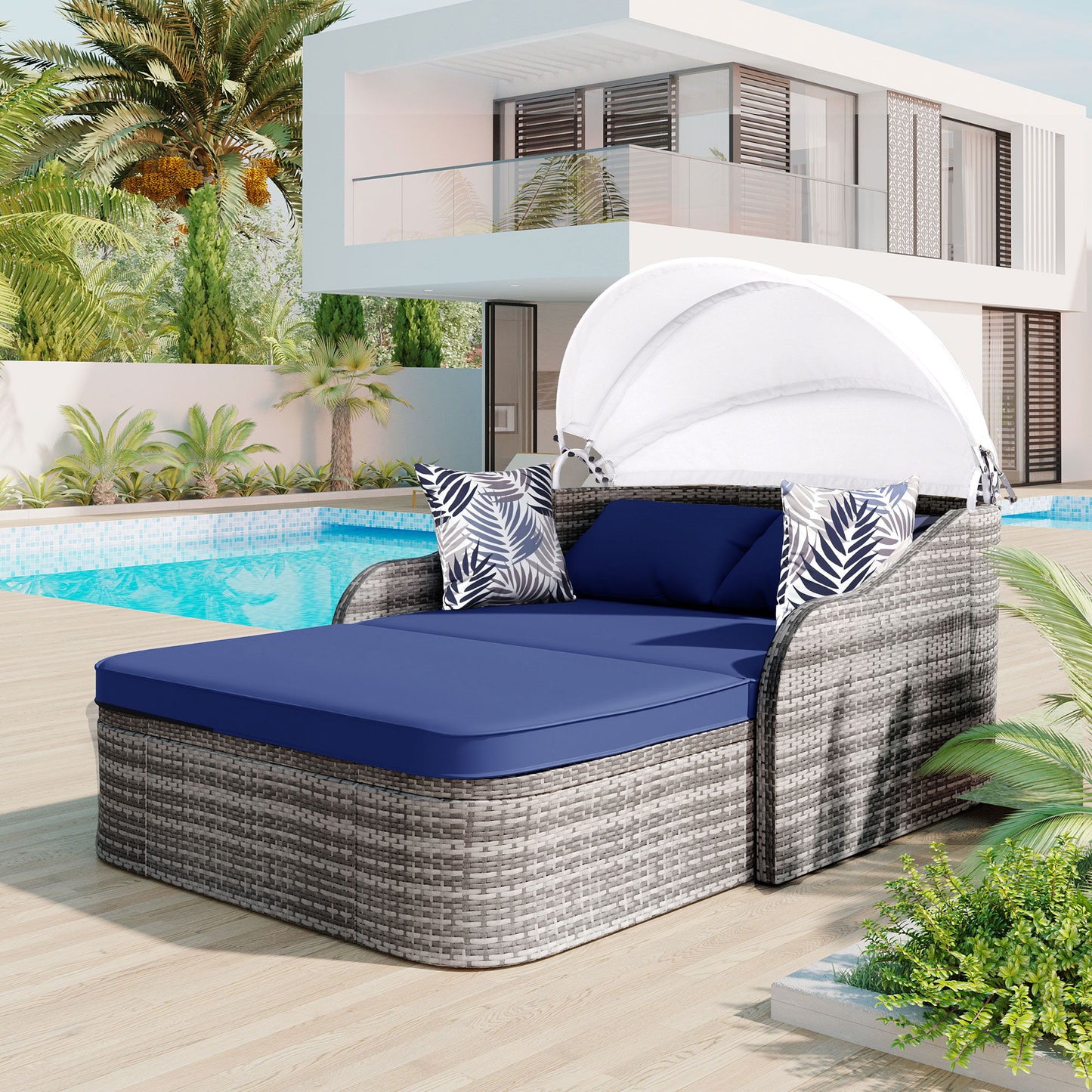 Outdoor Sunbed With Adjustable Canopy, Daybed With Pillows, Double Lounge, PE Rattan Daybed