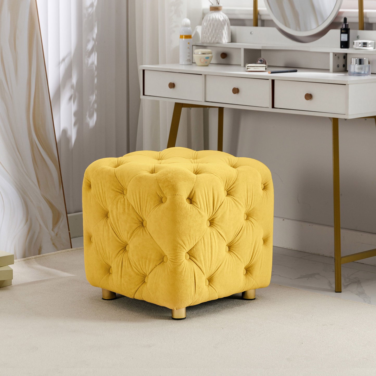 Modern Velvet Upholstered Ottoman, Exquisite Small End Table, Soft Foot Stool, Dressing Makeup Chair, Comfortable Seat For Living Room, Bedroom, Entrance