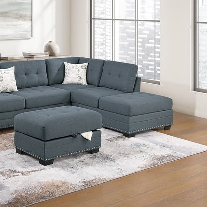 L - Shaped Sectional Sofa Set With Storage Ottoman, Tufted Upholstery Nailhead Trim