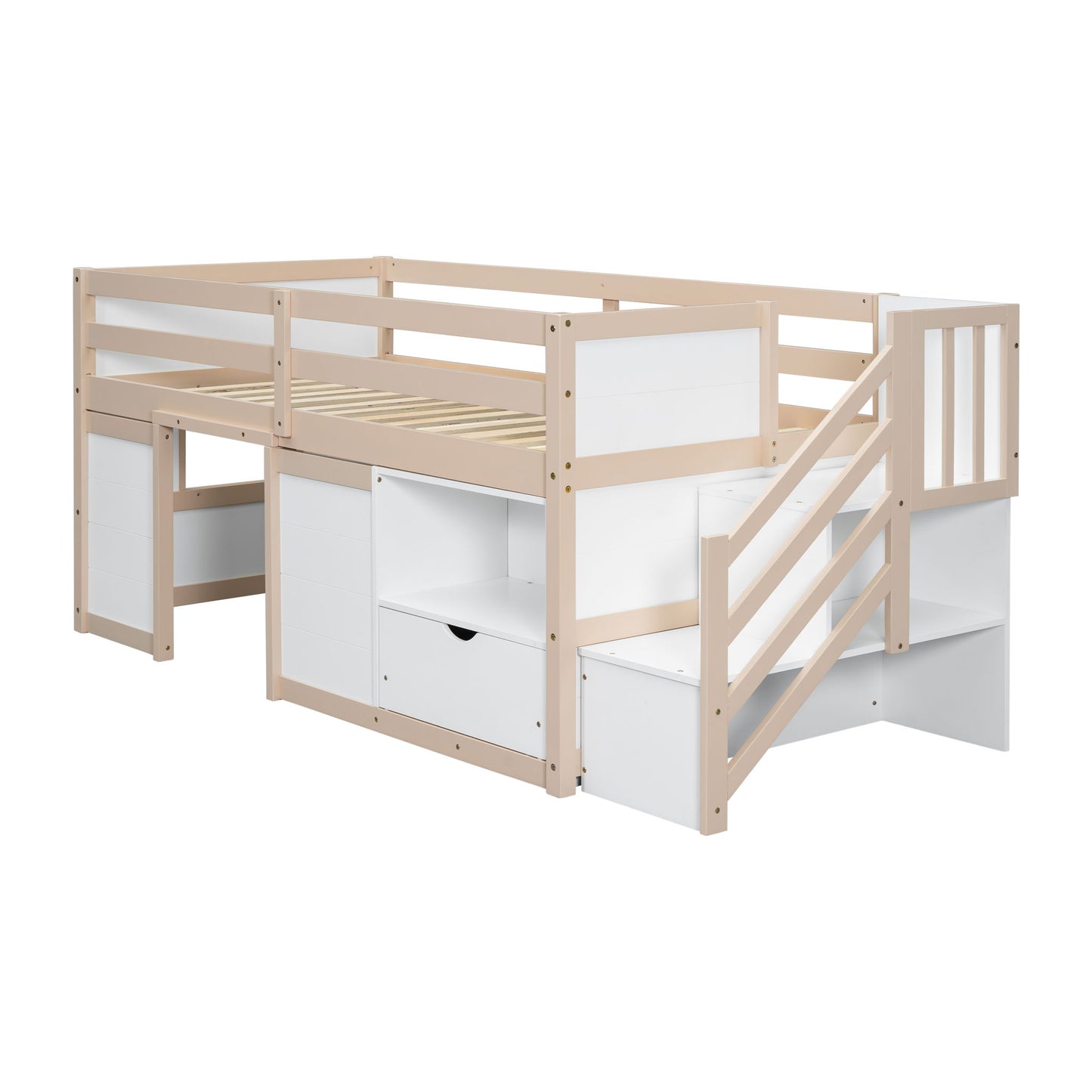 Low Loft Bed With Stair, Drawer, And Shelf