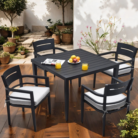 5 Piece Outdoor Patio Modern Dining Set, Including 4 Dining Chairs Sunbrella Fabric Cushioned And Square Dining Table With Umbrella Hole - Ember Black