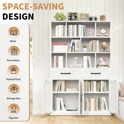 Bookcase Tall With 2 Doors & 2 Drawers, Fixed Open Shelves - White