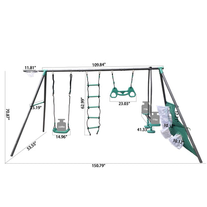 Interesting Four Function Swingset With Face To Face Metal Plastic Safe Swing Seat 550Lbs For Outdoor Playground For Age 3+ - Blackish Green