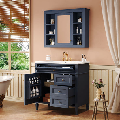 Bathroom Vanity With Top Sink, Storage Cabinet With Mirror, 2 Doors, 3 Drawers, 6 Open Shelves