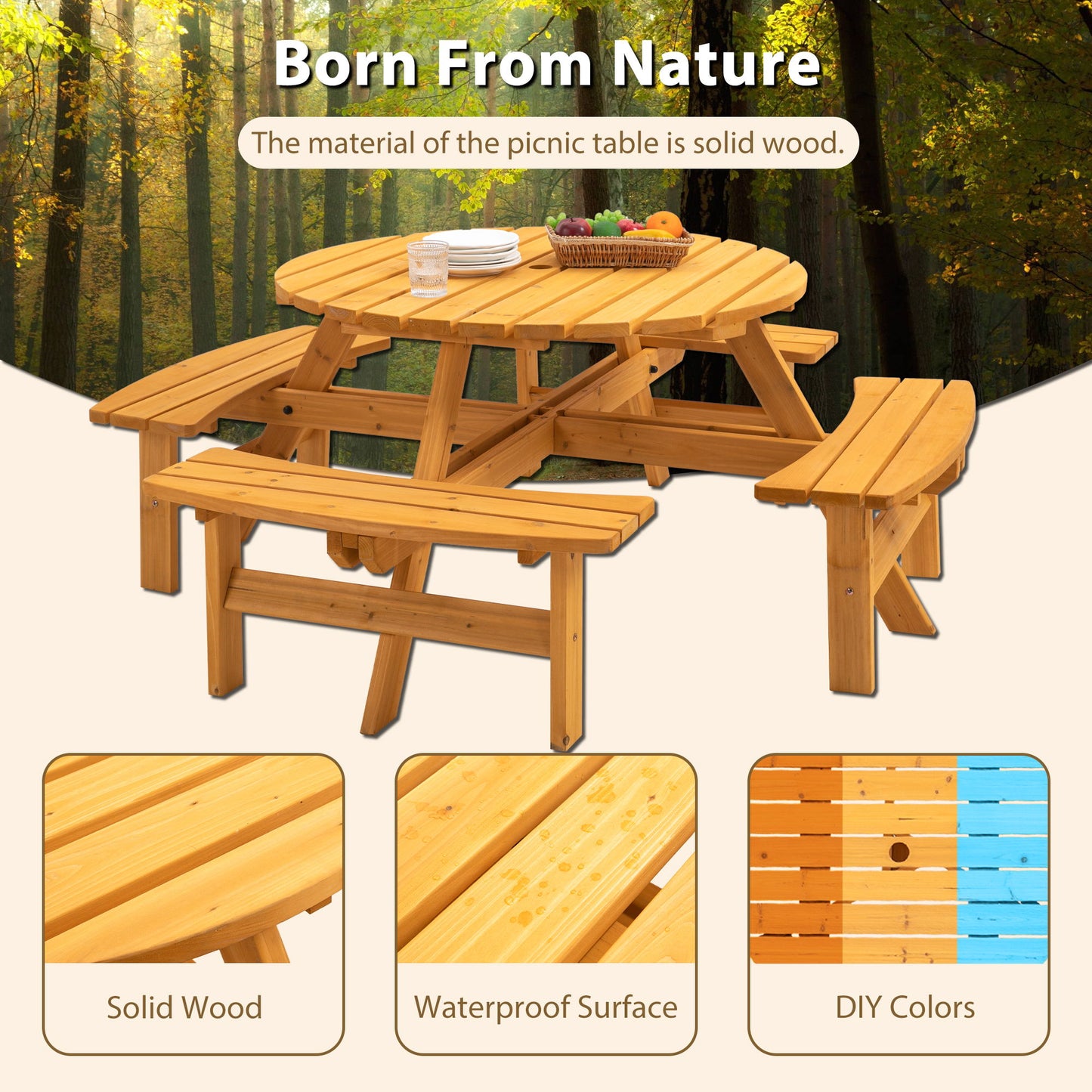 8 Person Wooden Picnic Table, Outdoor Camping Dining Table With Seat, Garden, Diy With 4 Built-In Benches, 2220Lb Capacity