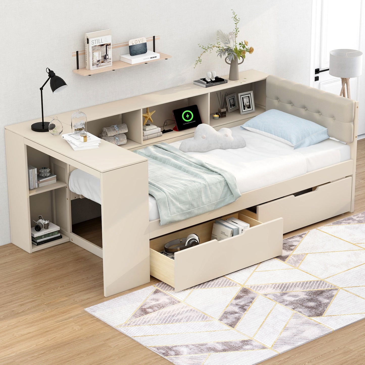 Upholstered Headboard Platform Bed With Storage Shelves, Drawers, Charging Station