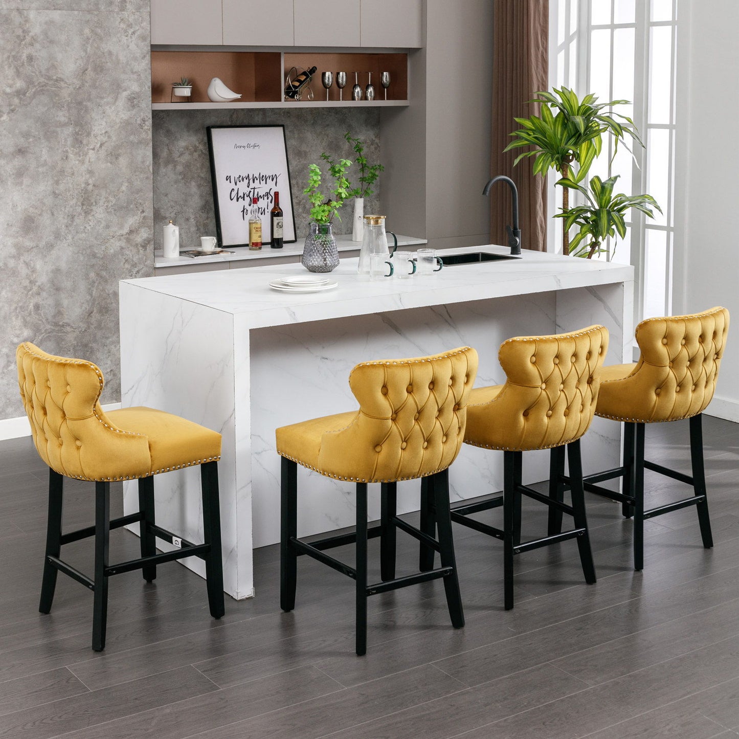 Contemporary Velvet Upholstered Wing-Back Barstools With Button Tufted Decoration And Wooden Legs, And Chrome Nailhead Trim, Leisure Style Bar Chairs, Bar Stools (Set of 4)