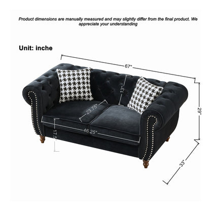 Chesterfield Velvet Upholstery Fabric Loveseat With Roll Armrest And Nailhead