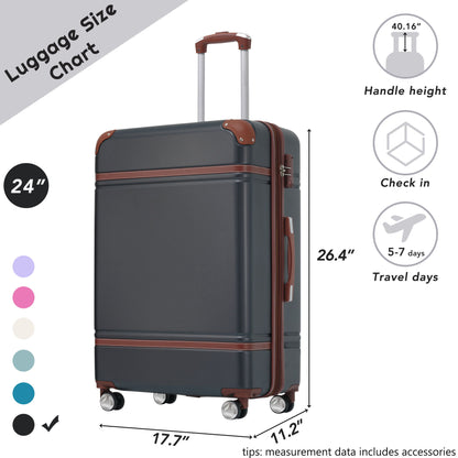 Hardshell Luggage With Tsa Lock, 24" Expandable Lightweight Suitcase With Spinner Wheels, Single Vintage Luggage