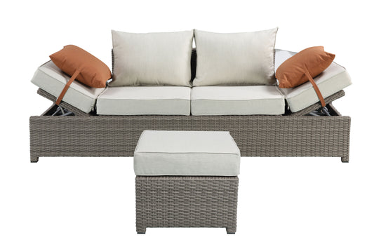 Salena - All Weather Wicker Patio Sofa & Ottoman With 2 Toss Pillows - Beige / Gray