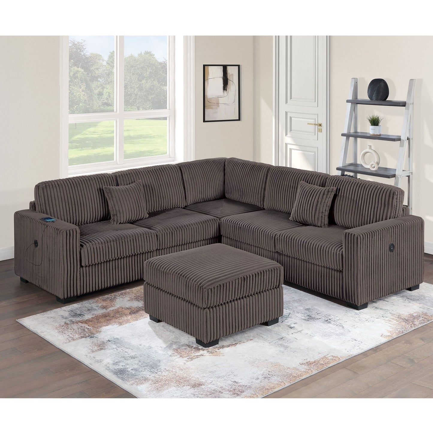 Upholstered L - Shaped 4 Piece Sectional Set With USB, Cocktail Ottoman