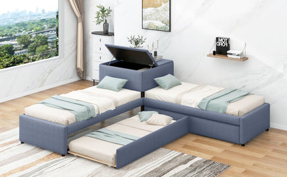 L Shaped Upholstered Platform Bed With Trundle And 2 Drawers Linked With Built In Desk