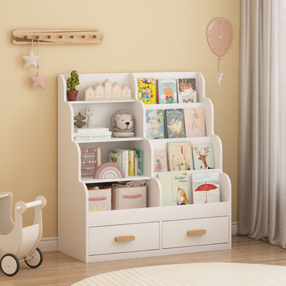 Bookshelf With 2 Storage Drawers, Front Facing Bookcase And Toy Organizer, Multi Tier Reading Shelf - White