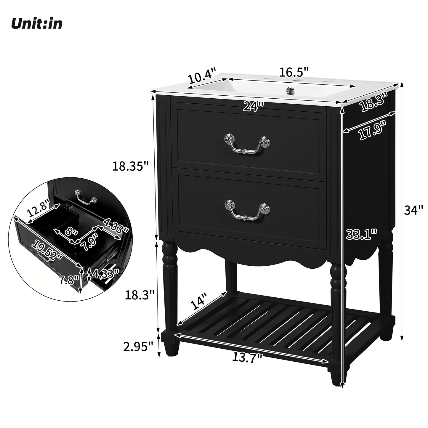Wave Design Bathroom Vanity With Sink, 2 Drawers And Open Shelf
